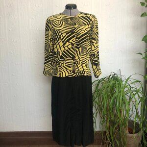 Holt Renfrew vintage 70's or 80's silk dress with yellow abstract print Medium